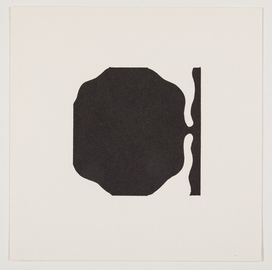 A black-and-white print of an abstract, tree-like black shape connected to a vertical, wavy black line at the right edge.