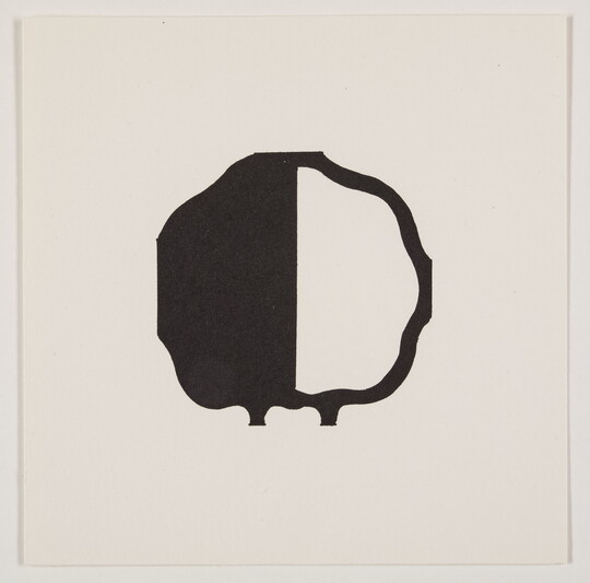 A black-and-white print of an abstract, almost round shape outlined in black, the left half black and the right half white.