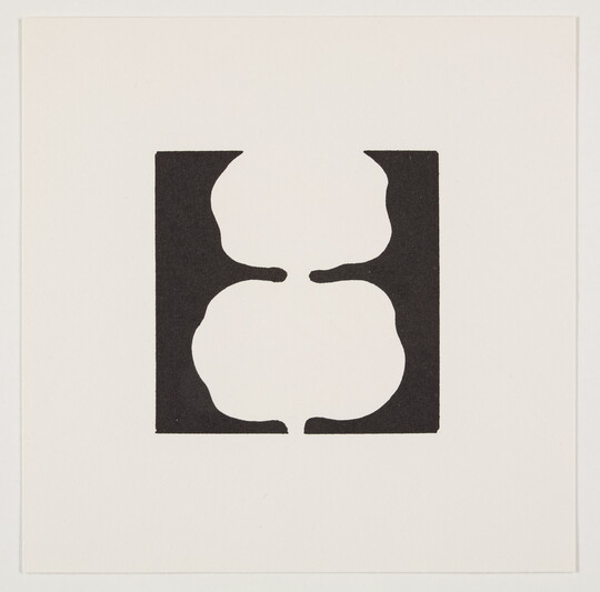 A black-and-white print of two tree-like white shapes stacked on top of each other on a black background.