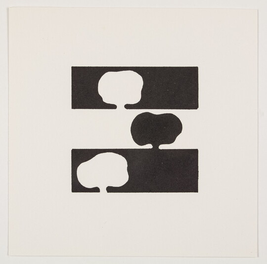 A black-and-white print of three abstract, tree-like shapes on three horizontal stripes: two white on a black background and one black on a white background.