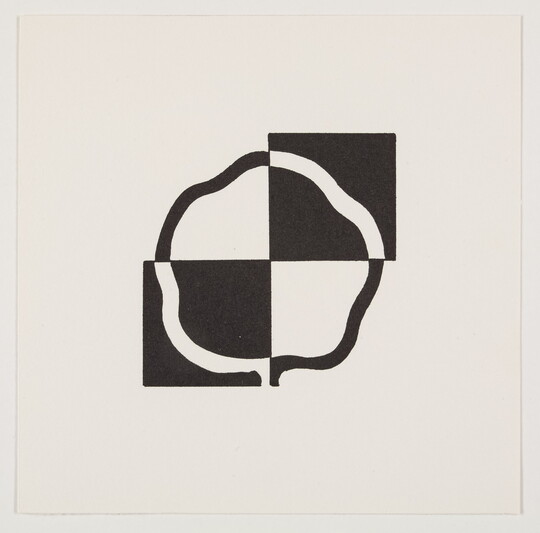 A black-and-white print of an abstract, tree-like shape of a circle broken into four quarters of black on white and white on black.