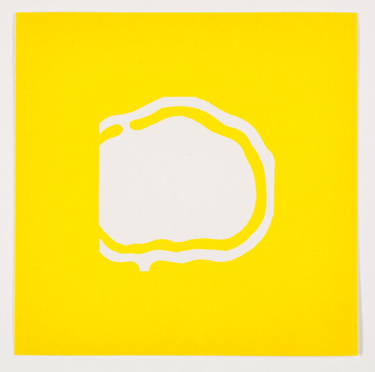 A color print of an abstract, almost round white shape outlined in yellow and then outlined in white on a yellow background.