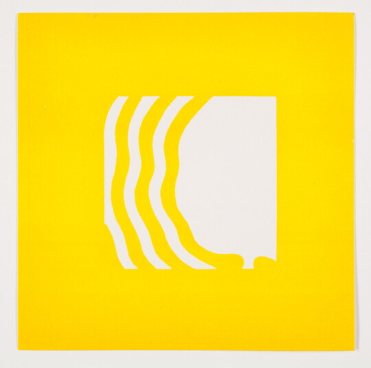 A color print of an abstract white shape on the right with thick white wavy lines radiating out from it on the left on a yellow background.