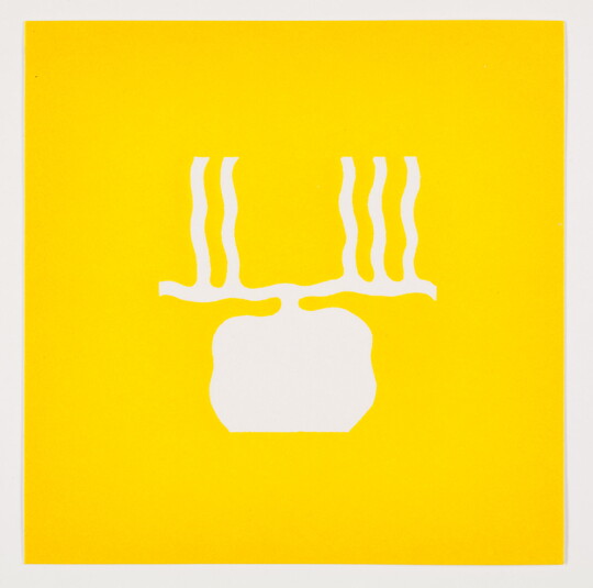 A color print of an abstract, almost round white shape under horizontal and vertical wavy white lines on a yellow background.