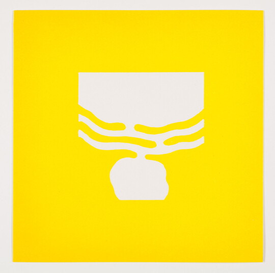 A color print of an abstract, almost round partial white shape at the top with white wavy lines around it and an almost-round white shape underneath all on a yellow background.