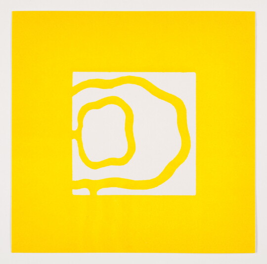 A color print of a white square with thick, circular wavy yellow lines on a yellow background.