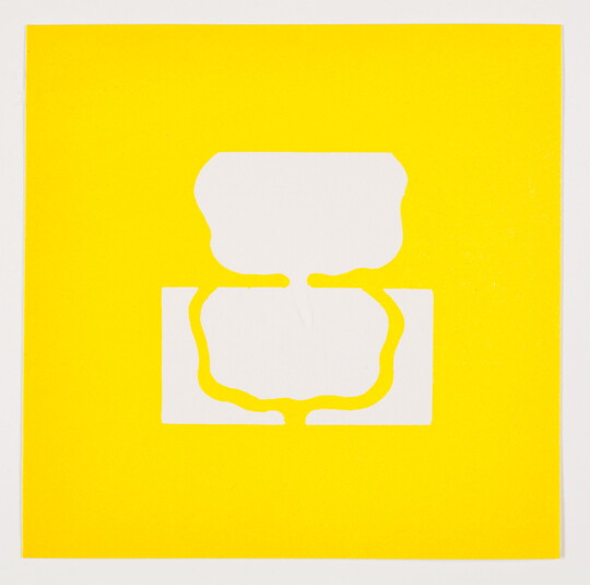 A color print of abstract, tree-like shapes: on the top, a white shape on yellow, and on the bottom, a yellow outline on white.