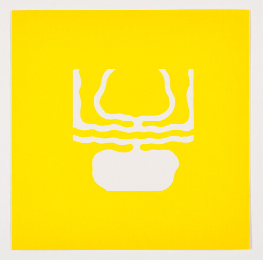 A color print of an abstract, almost round white shape under wavy white lines that curve up on a yellow background.