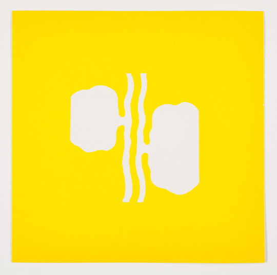 A color print of abstract white shapes that almost look like kidneys attached to two vertical wavy white lines on a yellow background.