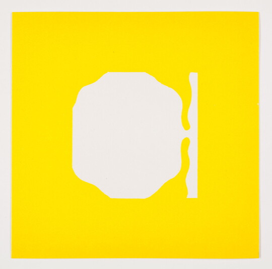 A color print of an abstract, tree-like white shape connected to a vertical, wavy white line at the right edge on a yellow background.