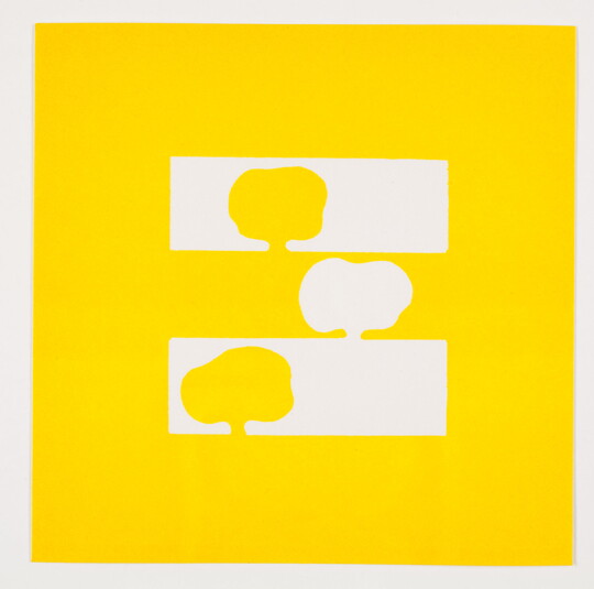 A color print of three abstract, tree-like shapes on three horizontal stripes: two yellow on a white background and one white on a yellow background.