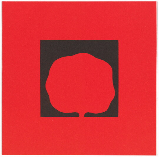 A color print of an abstract, red tree-like shape in a black box on a red background.