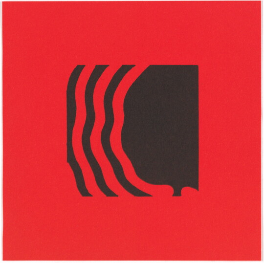 A color print of an abstract black shape on the right with thick black wavy lines radiating out from it on the left on a red background.