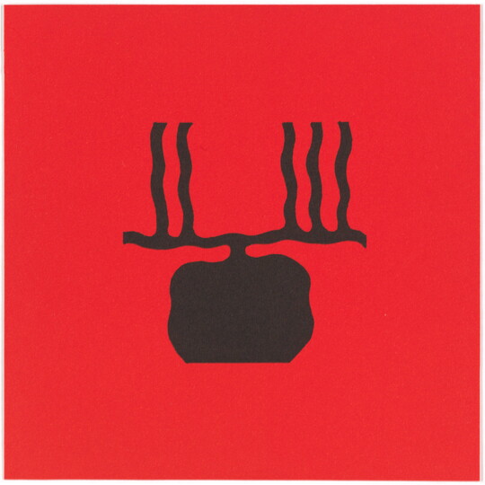 A color print of an abstract, almost round black shape under horizontal and vertical wavy black lines on a red background.