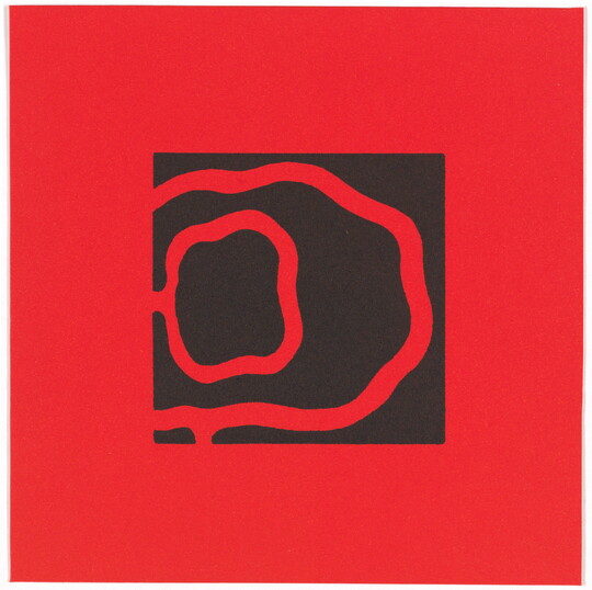 A color print of a black square with thick, circular wavy red lines on a red background.