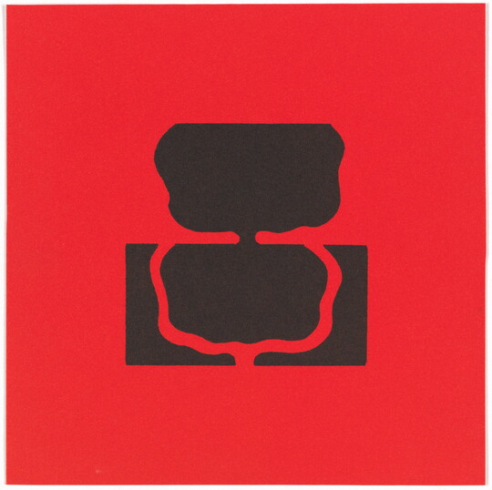 A color print of abstract, tree-like shapes: on the top, a black shape on red, and on the bottom, a red outline on black.