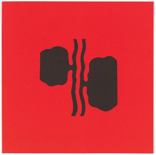 A color print of abstract black shapes that almost look like kidneys attached to two vertical wavy black lines on a red background.
