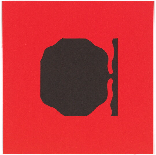 A color print of an abstract, tree-like black shape connected to a vertical, wavy black line at the right edge on a red background.