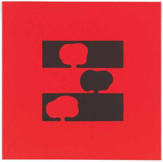A color print of three abstract, tree-like shapes on three horizontal stripes: two red on a black background and one black on a red background.