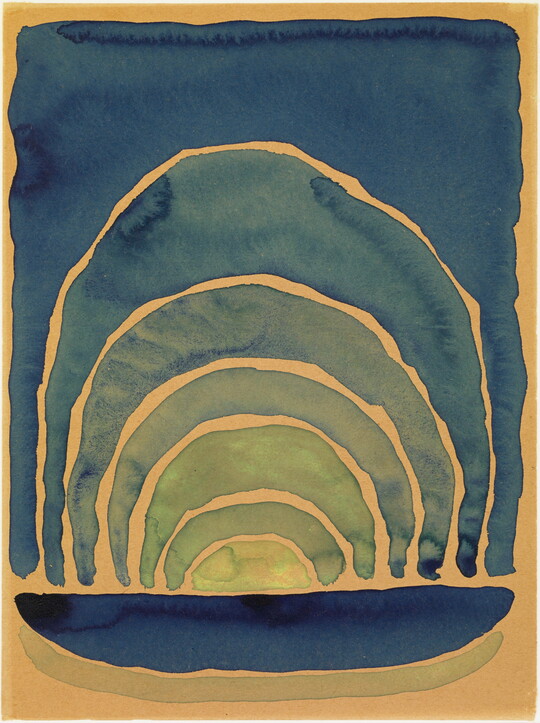 A watercolor painting of concentric arches in shades of blue.