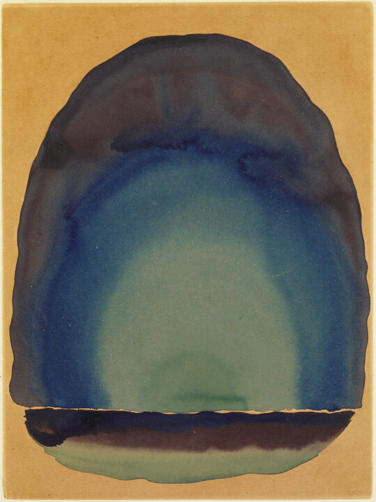 A watercolor of arches that fade from light green to black on a gold background.