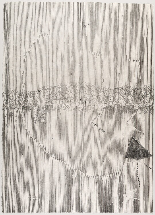 An abstract black-and-white print of a dark shape that resembles a kite in the lower right and vertical black lines filling the background.