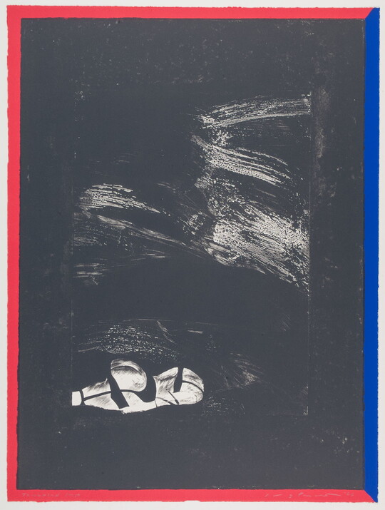 An abstract color print with a black-and-white design resembling brush strokes, bordered with red and blue lines.