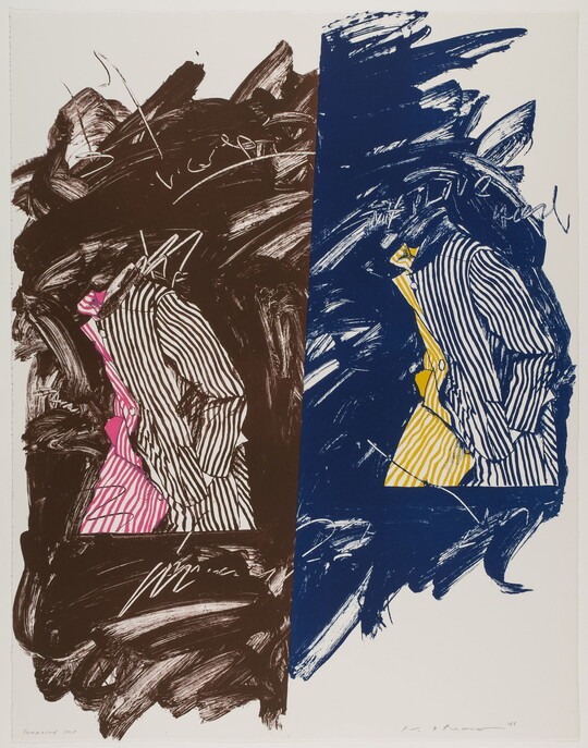 A color print: on the left, the torso of a person in a brown and pink striped suit on an organic brown shape, on the right,  the same torso of a person in a blue and yellow striped suit on an organic blue shape.