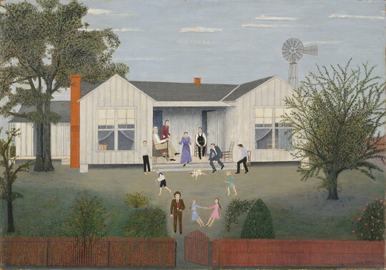 A painting of a farm house surrounded by trees with a people playing, running, and sitting on the porch.