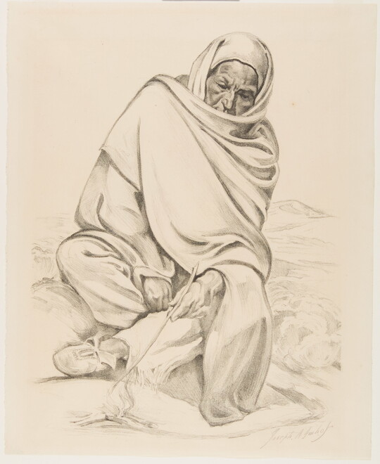 A black-and-white print of a seated Indigenous person wrapped in a blanket poking a fire with a stick.