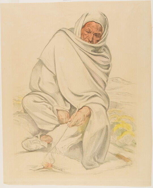 A color print of a seated Indigenous person wrapped in a blanket poking a fire with a stick.