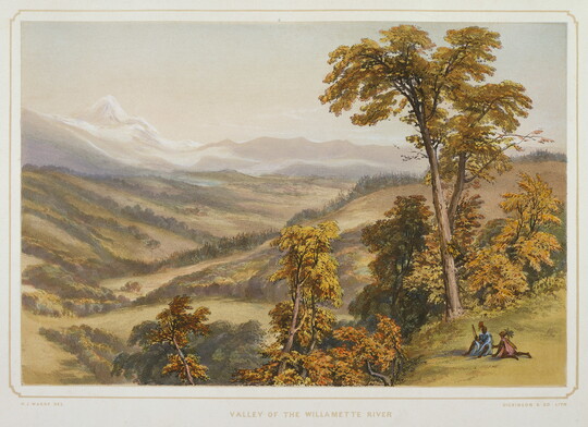 A color print of two Indigenous people sitting on a hill overlooking a river valley with mountains in the distance.