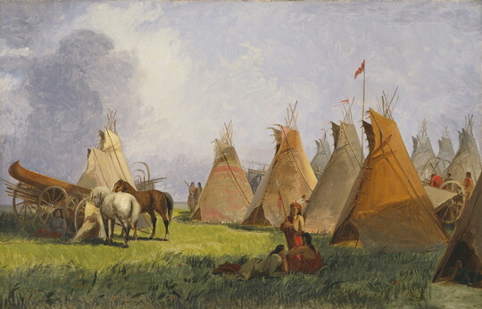 An oil painting of an American Indian campsite with people sitting in front of a row of tipis and horses standing nearby.