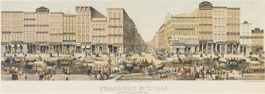A color print of a crowded city street filled with tall buildings, people, horses, and carriages.