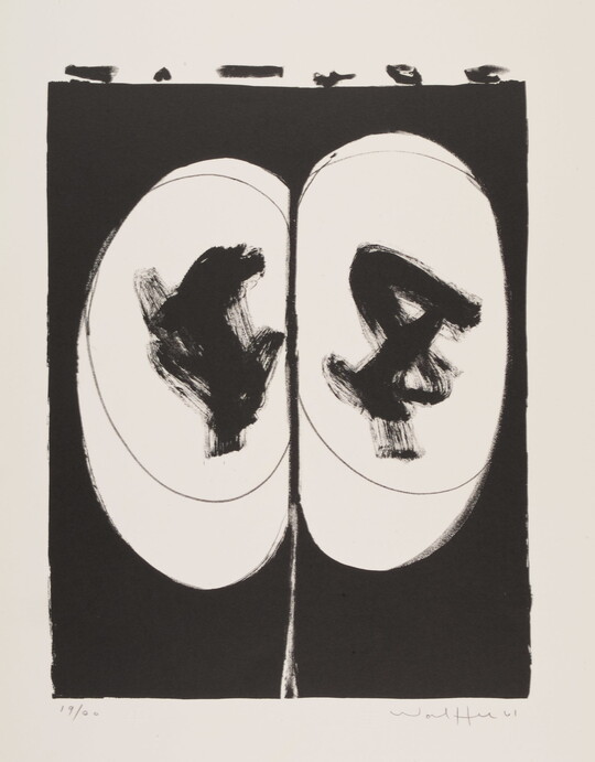 An abstract black-and-white print of two side-by-side egg-like shapes containing brushwork on a black background.