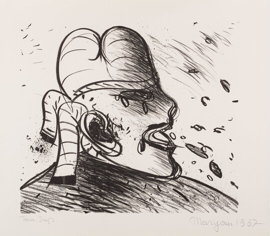 An abstract black-and-white print of a cartoon-like person in profile wearing a hat and scarf.