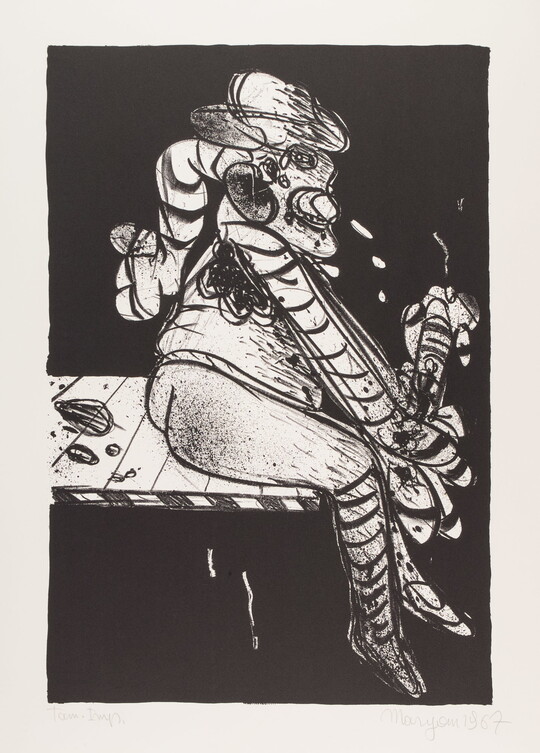 An abstract black-and-white print of a person sitting sideways on a ledge holding a pole in their hands.