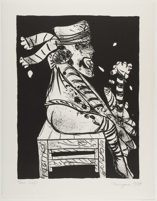 An abstract black-and-white print of a person sitting sideways on a bench holding a pole in their hands.