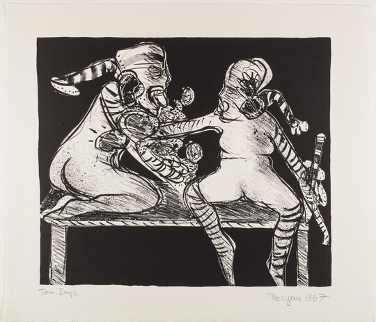 An abstract black-and-white print of two cartoon-like people seated on a table and engaged in some sort of interaction.