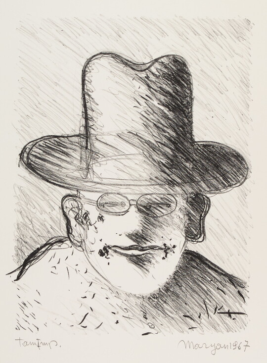 A black-and-white print portrait in a sketch-like style of a person wearing a tall hat and glasses.