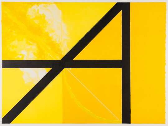 A color print of thick black lines that form the letter "A" on a bright yellow background with abstracted cloud shapes.