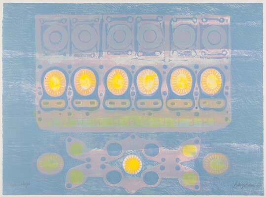 An abstract color print of seven yellow sun shapes layered with pink circular designs on a light blue background.