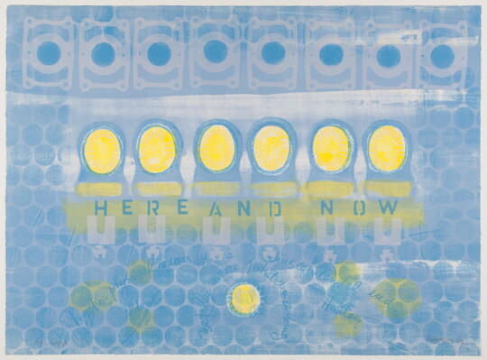 An abstract color print of seven yellow suns within blue circles above the words "here and now" in capital letters on a background filled with light blue circles.