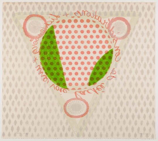 An abstract color print of a circle, made of pink polka dots with green shapes at the edge, surrounded by cursive handwriting on a light gray diamond pattern.