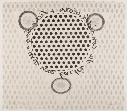 An abstract black-and-white print of a circle made up of polka surrounded by cursive handwriting on a light gray diamond pattern.