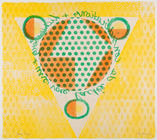 An abstract color print of a circle, made of green polka dots with orange shapes at the edge, surrounded by cursive handwriting on a yellow diamond pattern.
