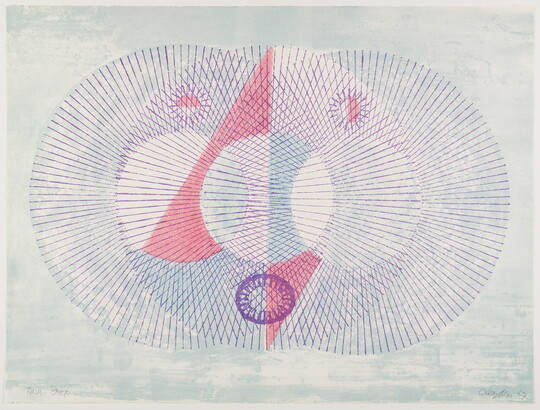 An abstract color print of three overlapping circles made of radiating purple lines and red highlights on a light blue background.