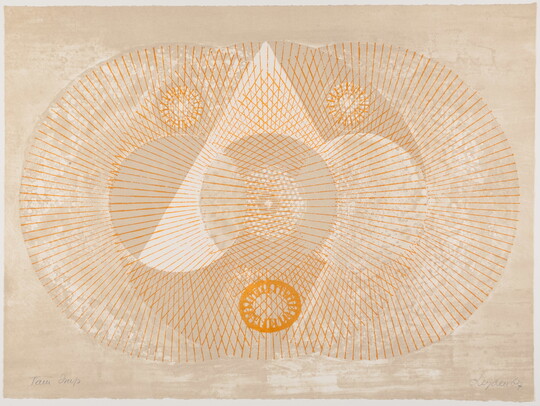 An abstract color print of three overlapping circles made of radiating orange lines on a tan background.