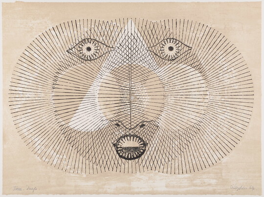 An abstract color print of three overlapping circles made of radiating black lines, eyes and a mouth in the center, on a tan background.