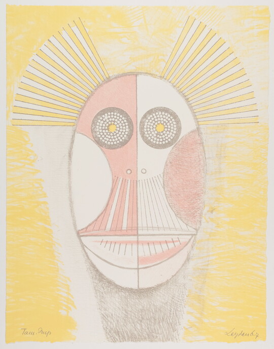 A color print of a stylized oval face with large round eyes, semi-circular cheeks, and striped mouth or beak in yellow and orange.